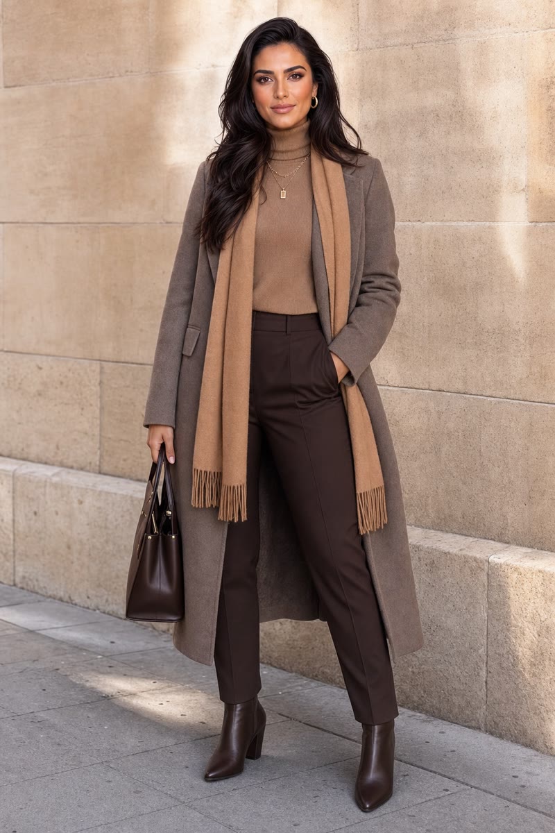 Camel coat, brown trouser