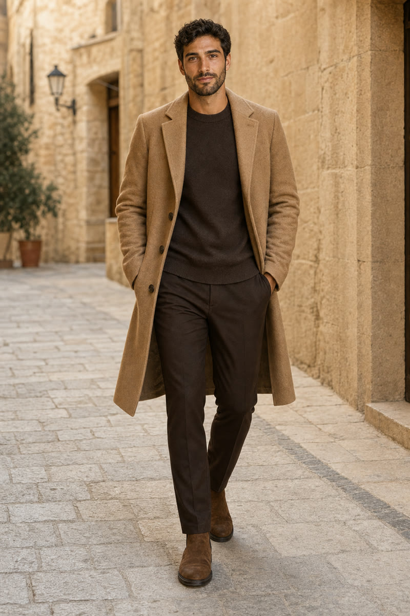 Camel overcoat, chocolate trouser